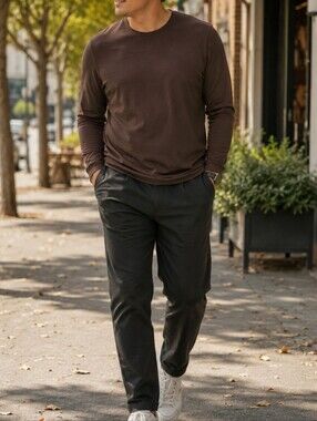 Kit and Ace Men’s Brown Merino Wool Long Sleeve Crewneck Tee Minimalist